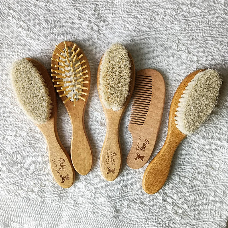 Personalized Baby Comb Girl Bathing Comb Baby Care Hair Brush Pure Natural Wool Wood Comb Newborn Massager DIY Gift