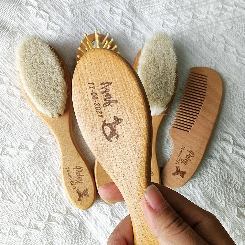 Personalized Baby Comb Girl Bathing Comb Baby Care Hair Brush Pure Natural Wool Wood Comb Newborn Massager DIY Gift