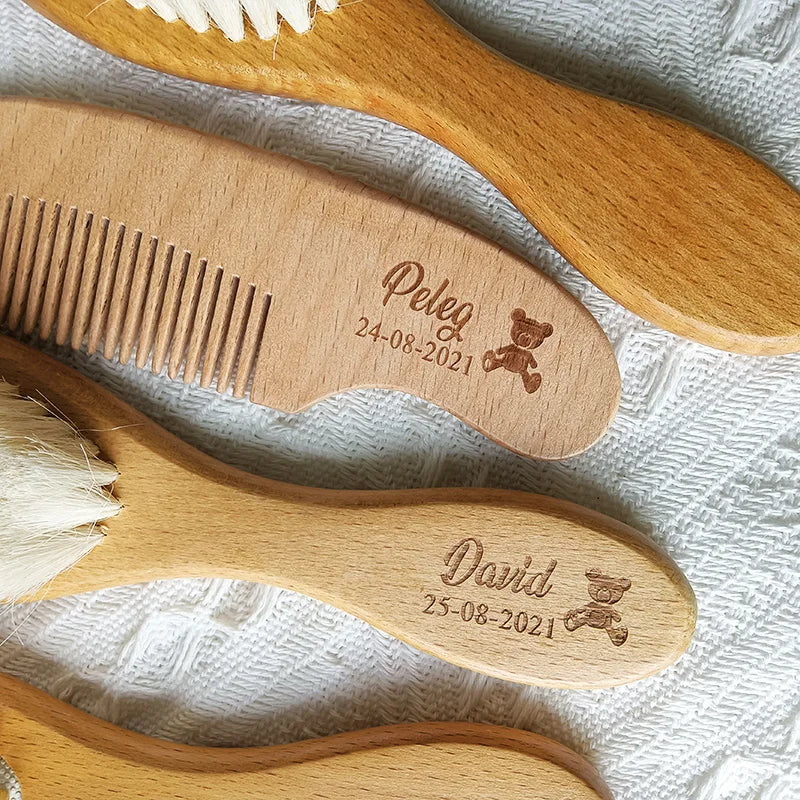 Personalized Baby Comb Girl Bathing Comb Baby Care Hair Brush Pure Natural Wool Wood Comb Newborn Massager DIY Gift